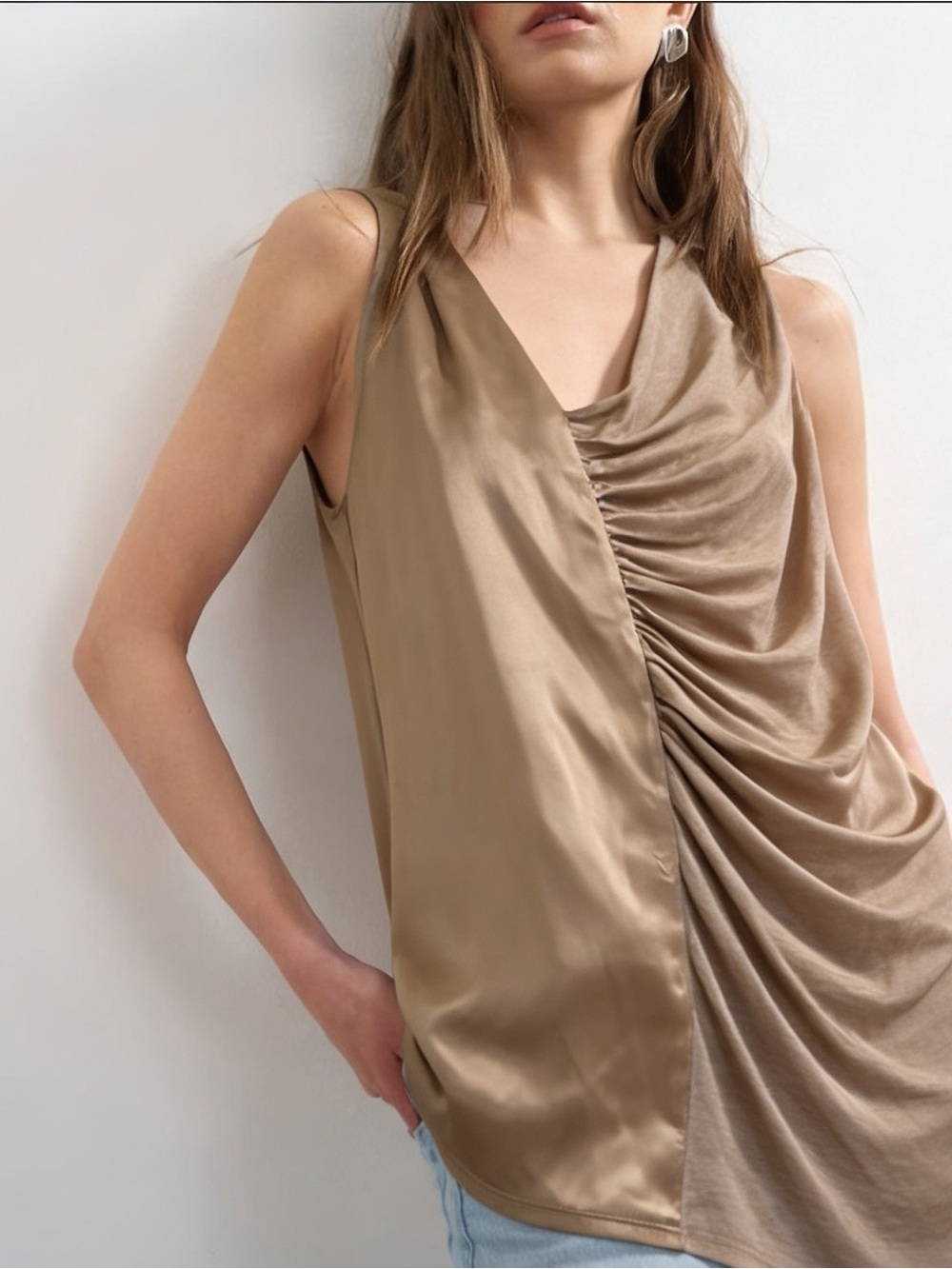 Taupe Satin-Blend Ruched V-Neck Asymmetrical Cami